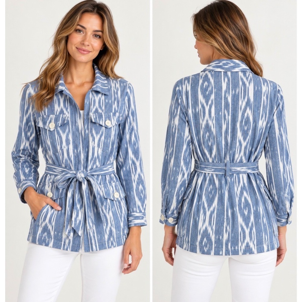 Karen Kane Beach Club Ikat Print Belted Cargo Jacket Cotton Utility Coat Small